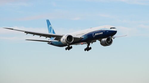 A Boeing 777, an American-made long-range wide-body airliner.