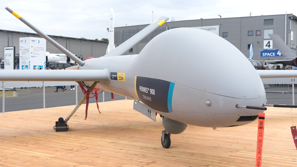 The Elbit Systems Hermes 900 Kochav is an Israeli medium-size, multi-payload, medium-altitude long-endurance unmanned aerial vehicle (UAV). ILA Berlin Air Show, June 5, 2024.