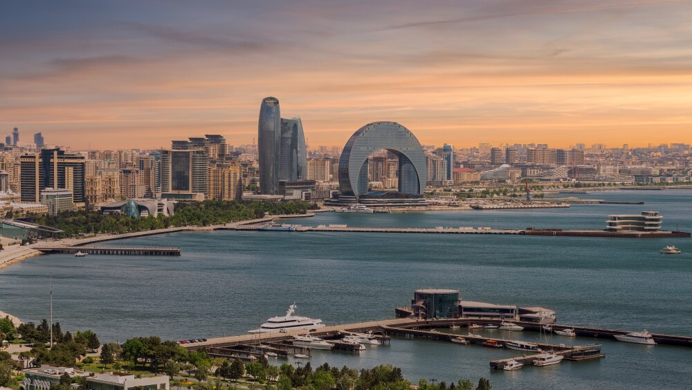 Sunset on the Caspian Sea coast in Baku, Azerbaijan, in May 2024.