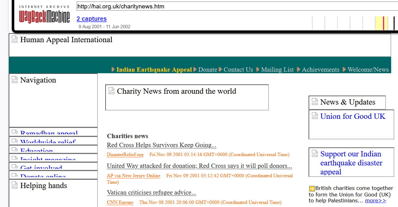 An archived webpage on the website of Human Appeal in the U.K. states "British charities come together to form the Union for Good (UK)," before linking to a dedicated Union of Good page on the Human Appeal website, as shown in the archived webpage embedded above.