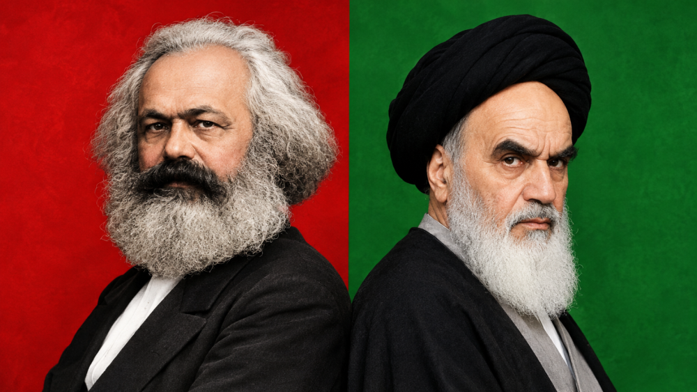 The date people reach for regarding the origin of the Red-Green alliance is 1979, when parts of the Western left greeted the Islamic Revolution in Iran as an anti-imperial blow. Marx divided history into “oppressor” and “oppressed” and the Bolsheviks turned that division into a global political movement. Image: Karl Marx and Ruhollah Khomeini