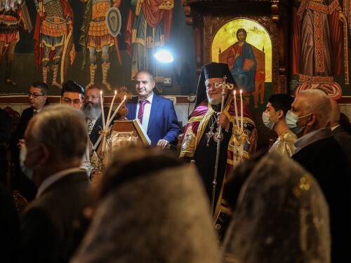 The Greek Orthodox community during Christmas Eve Divine Liturgy at St. Porphyrios Church in Gaza City, January 7, 2022. An adjacent building was hit by an Israeli airstrike in October, 2023, because a Hamas command center was located next to the church—another example of how terrorists deliberately operate in civilian zones to provoke collateral damage.