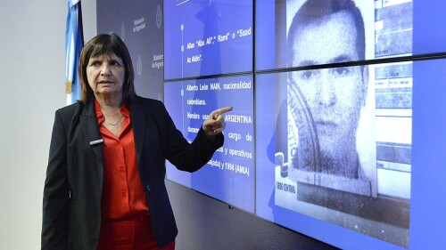 Argentina’s Security Minister Patricia Bullrich revealed the identity of Hussein Ahmad Karaki, the Hezbollah External Security Organization leader for Latin America, during a press conference in Buenos Aires, Argentina on October 25, 2024.