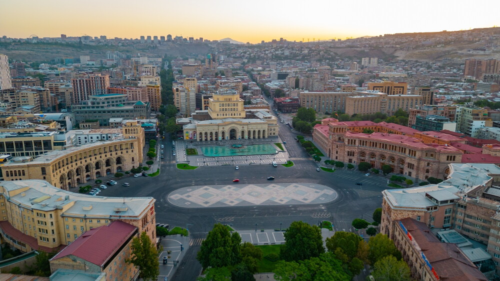 A panoramic view of Republic Square in Yerevan, Armenia.