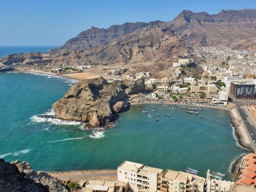 The port city of Aden, Yemen, is located by the eastern approach to the Red Sea.