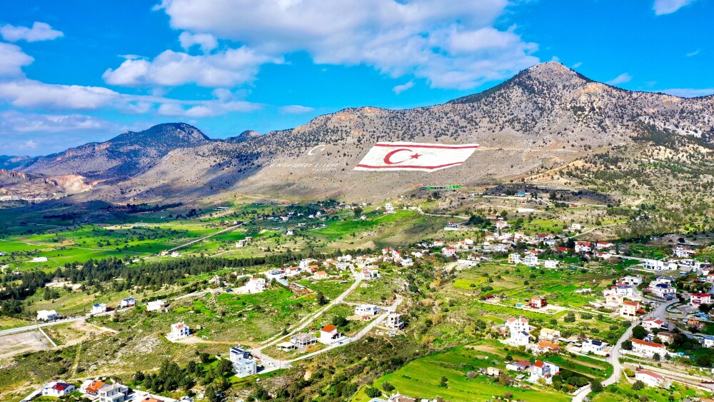The Turkish flag is displayed on a hill in the Nicosia region of Northern Cyprus.
