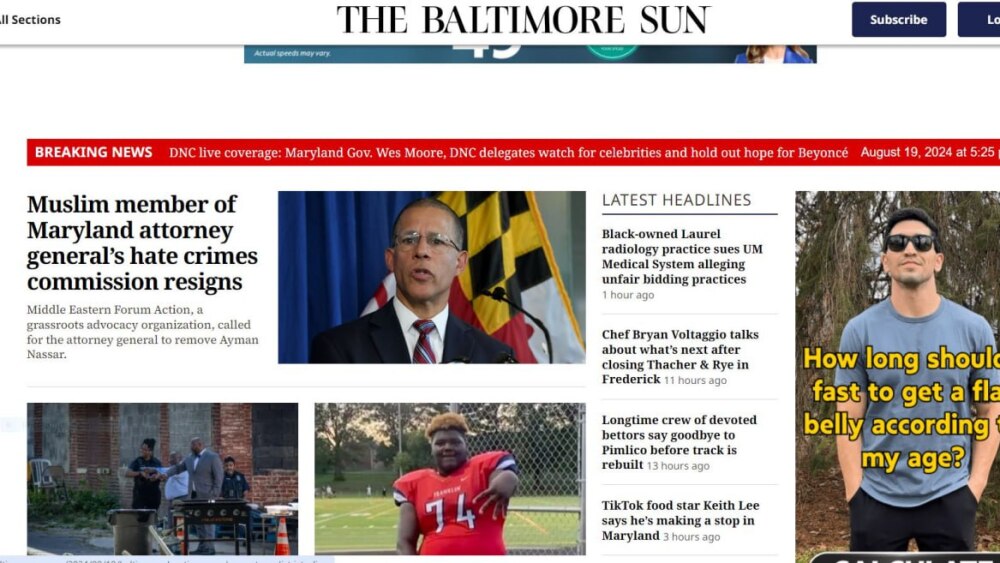 Ayman Nassar's resignation was front page news at the Baltimore Sun on August 10, 2024.