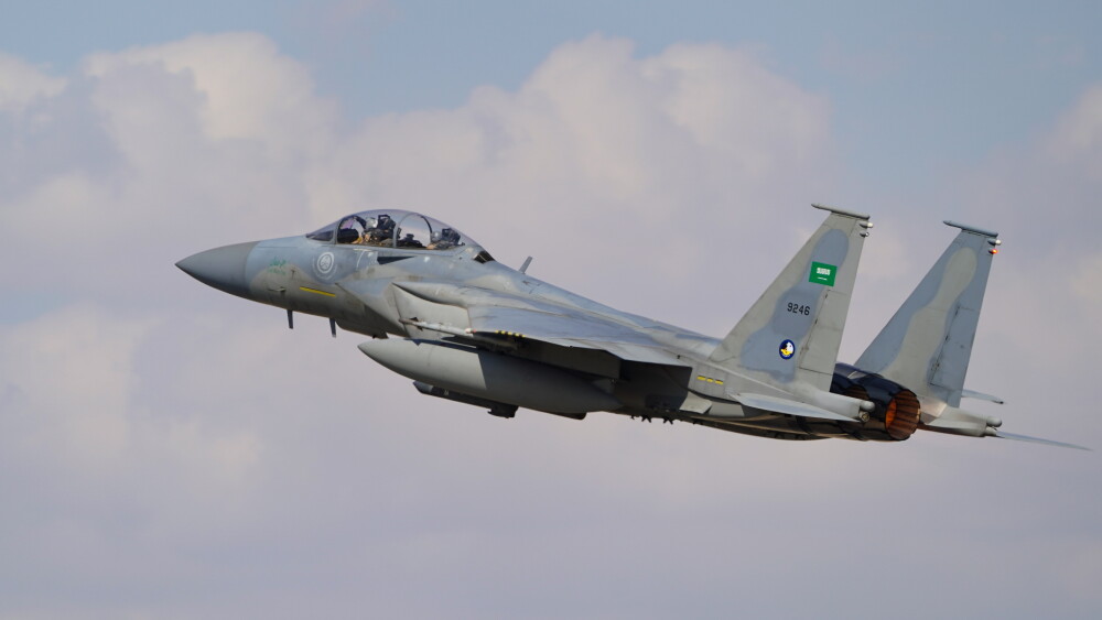 Houthi control of the Bab el-Mandeb, coupled with their growing presence 725 miles further north in Port Sudan, cuts off Saudi Arabia’s ability to reliably export oil through the East-West Petroline terminal at Yanbu. Image: A Saudi Air Force Boeing F-15SA