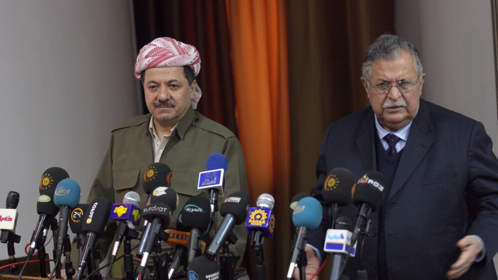 Kurdistan Democratic Party leader Masoud Barzani and the late Jalal Talibani in a file photo.