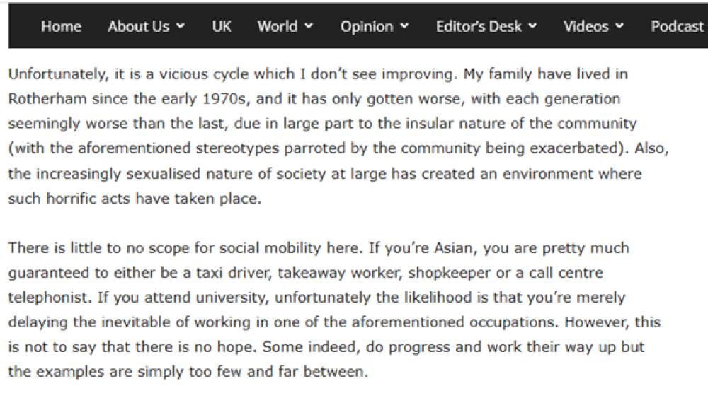 A passage from an article published by 5Pillars that portrays the perpetrators of sex crimes as victims of circumstance.