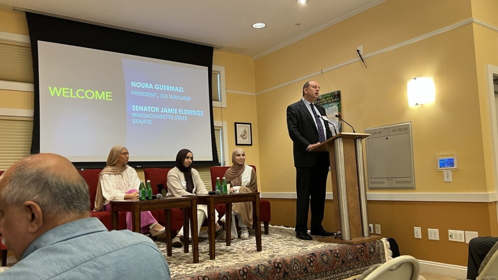 Massachusetts State Senator Jamie Eldridge (D-Acton), presides over an "Islamohobia" awareness forum at the Islamic Center of Boston in Wayland in late 2024.