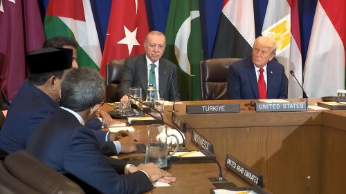 U. S. President Donald Trump and Turkish President Recep Tayyip Erdoğan at a multilateral meeting on Middle Eastern issues at the United Nations Headquarters in New York; September 30, 2025.