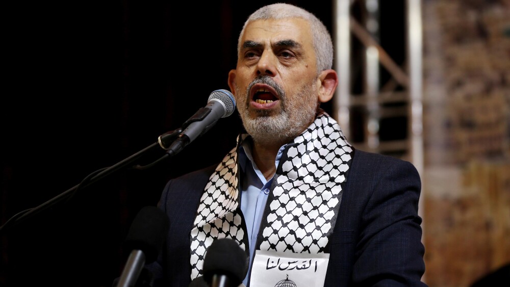 The late Hamas leader Yahya Sinwar speaks during a conference in Gaza City on November 4, 2019.