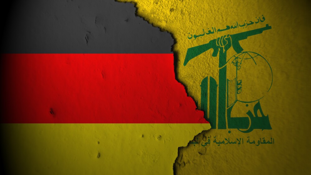 The flags of Germany and Hezbollah. Germany banned the terrorist movement in 2020.