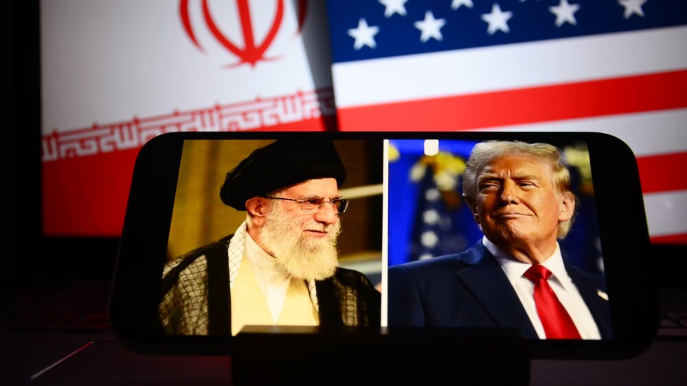 Iran's Supreme Leader Ali Khamenei and U.S. President Donald Trump in a smartphone split-screen.