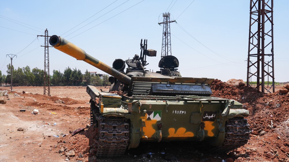 A Syrian government forces tank in the city of al-Suwayda’, Syria, to enforce a ceasefire between Druze factions and Bedouin tribes; July 20, 2025.