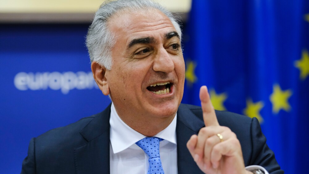 Iran's Crown Prince Reza Pahlavi at a March 2023 session of the European Parliament in Brussels, Belgium.